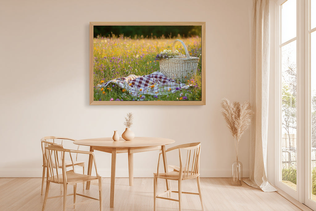 Picnic Basket Wildflower Blanket Canvas Wall Art for the Coastal Living Room, Neutral Minimalist Seascape, Soft Tidal Neutral — picnic-basket-wildflower-blanket-dining-room-wall-art.jpg