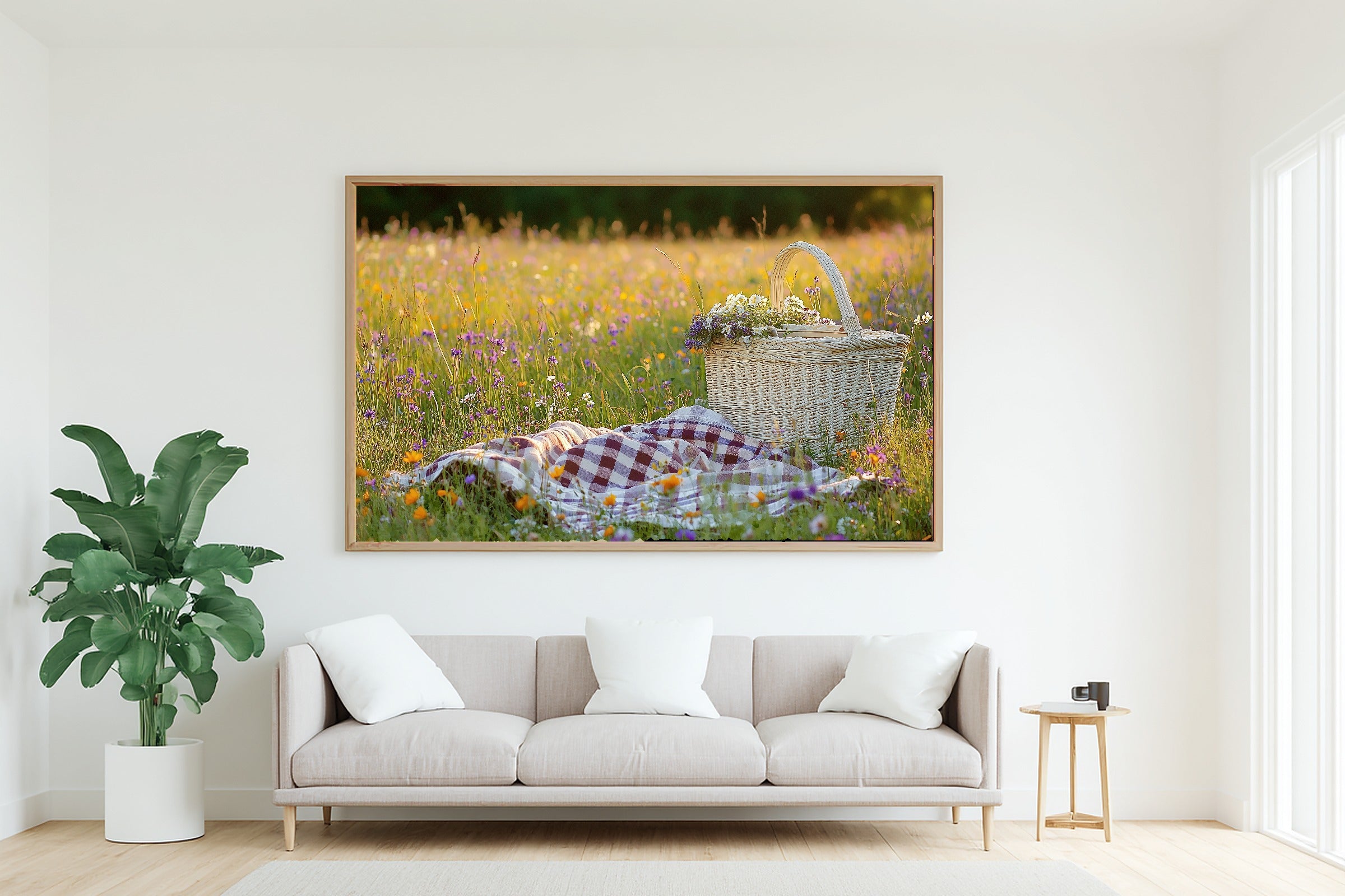Picnic Basket Wildflower Blanket Canvas Wall Art for the Coastal Living Room, Neutral Minimalist Seascape, Soft Tidal Neutral — picnic-basket-wildflower-blanket-living-room-wall-art.jpg