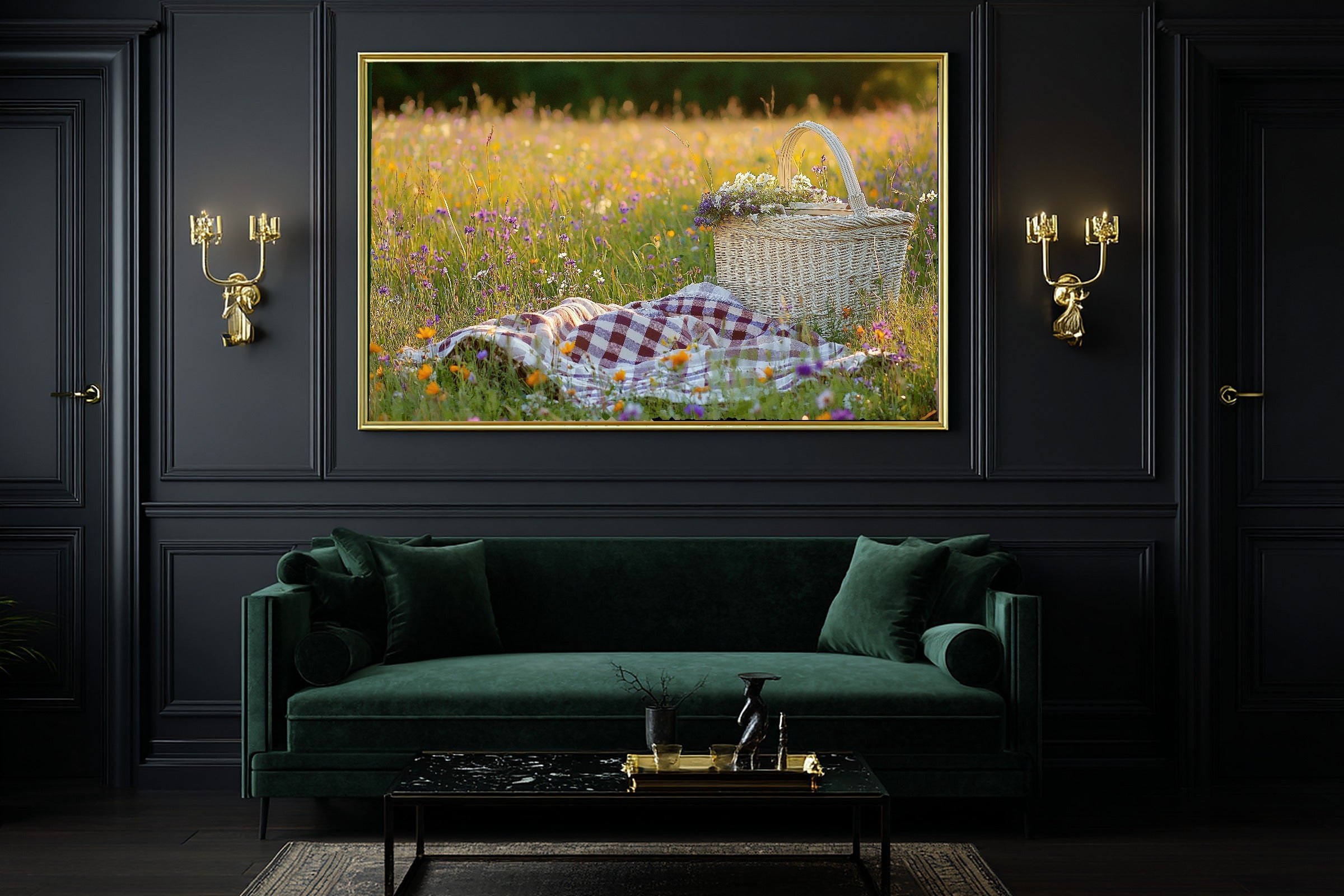 Picnic Basket Wildflower Blanket Canvas Wall Art for the Coastal Living Room, Neutral Minimalist Seascape, Soft Tidal Neutral — picnic-basket-wildflower-blanket-office-wall-art.jpg