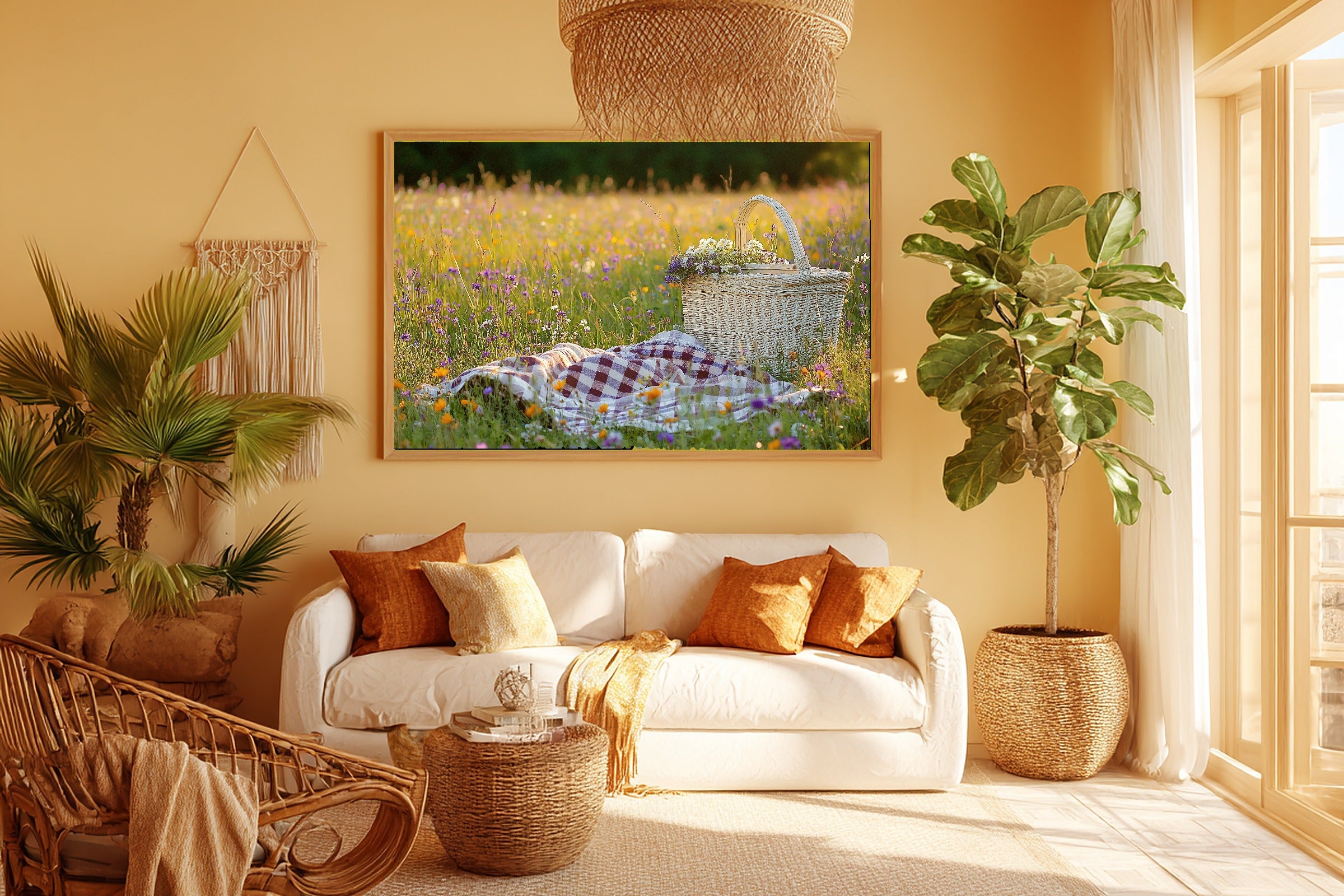 Picnic Basket Wildflower Blanket Canvas Wall Art for the Coastal Living Room, Neutral Minimalist Seascape, Soft Tidal Neutral — picnic-basket-wildflower-blanket-room-5-wall-art.jpg