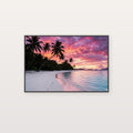Tropical Sunset Beach Canvas Wall Art - Palm Tree Print, Pink Sky, Paradise Decor, Stretched Canvas — pink sunset beach palms canvas print