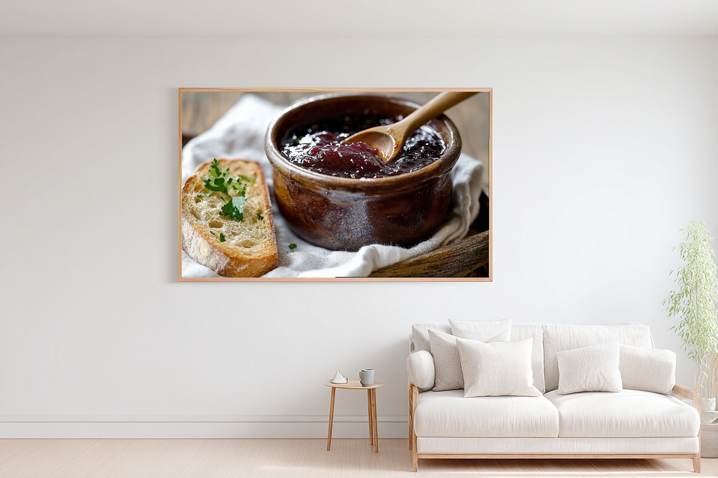 Plum Jam Pot Wooden Spoon Stretched Canvas Print, Dreamy Timeless Artwork Home Decor, Bedroom Centerpiece, Ready to Hang — plum-jam-pot-wooden-spoon-bedroom-wall-art.jpg