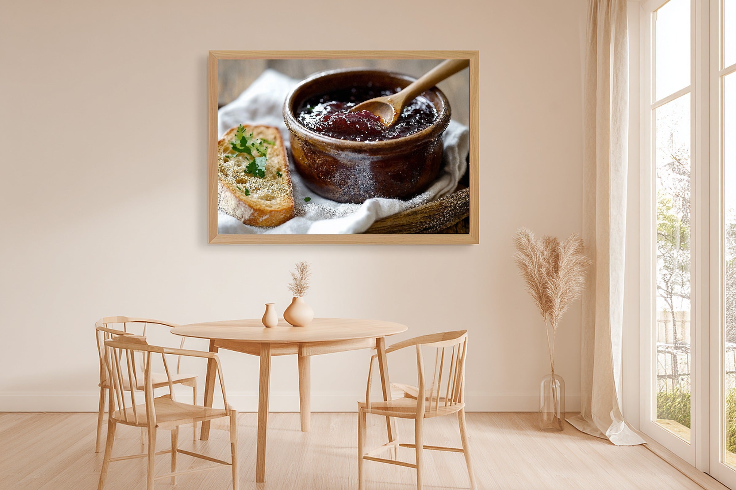 Plum Jam Pot Wooden Spoon Stretched Canvas Print, Dreamy Timeless Artwork Home Decor, Bedroom Centerpiece, Ready to Hang — plum-jam-pot-wooden-spoon-dining-room-wall-art.jpg