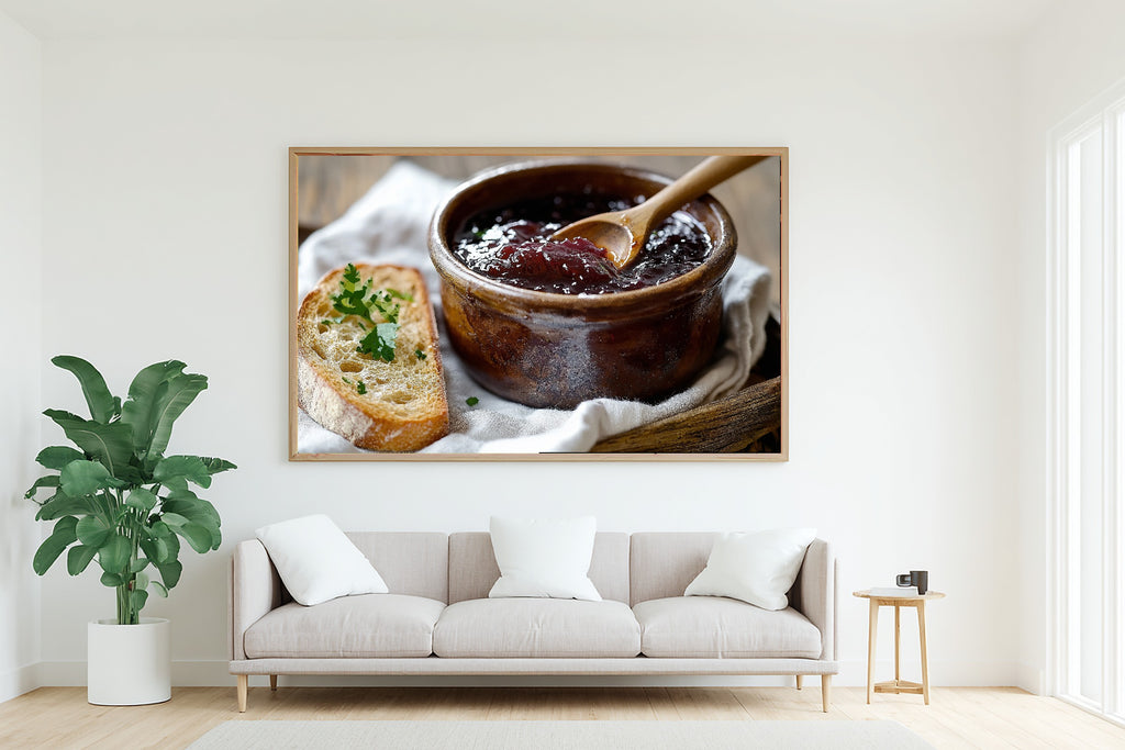 Plum Jam Pot Wooden Spoon Stretched Canvas Print, Dreamy Timeless Artwork Home Decor, Bedroom Centerpiece, Ready to Hang — plum-jam-pot-wooden-spoon-living-room-wall-art.jpg