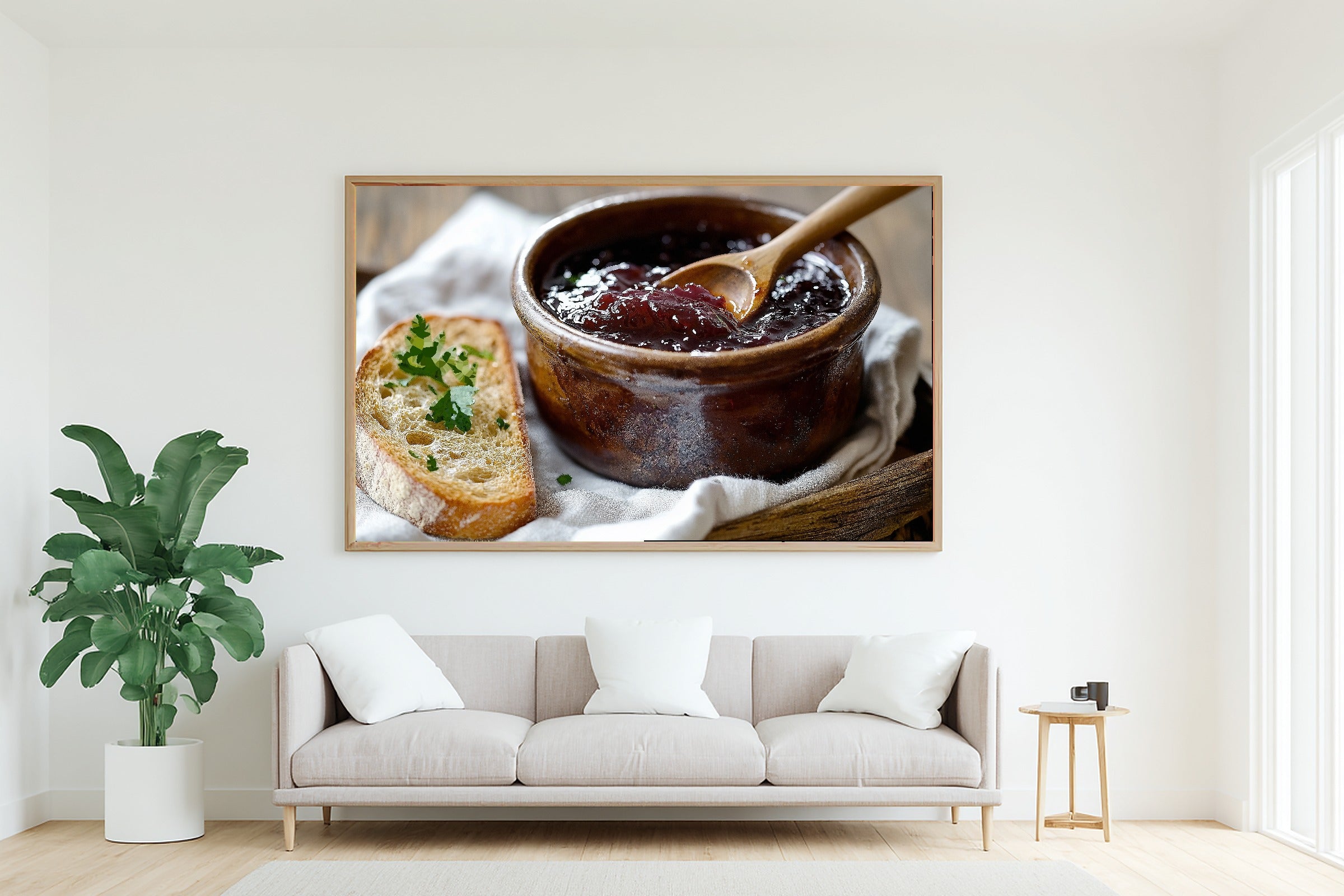 Plum Jam Pot Wooden Spoon Stretched Canvas Print, Dreamy Timeless Artwork Home Decor, Bedroom Centerpiece, Ready to Hang — plum-jam-pot-wooden-spoon-living-room-wall-art.jpg