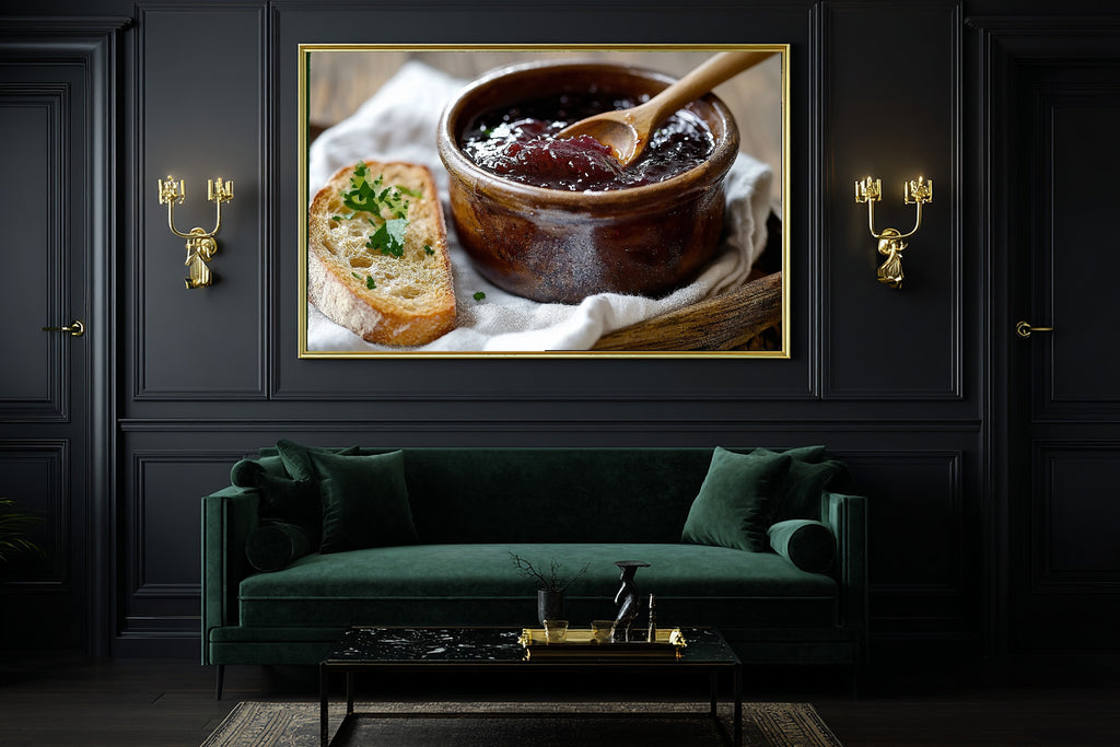 Plum Jam Pot Wooden Spoon Stretched Canvas Print, Dreamy Timeless Artwork Home Decor, Bedroom Centerpiece, Ready to Hang — plum-jam-pot-wooden-spoon-office-wall-art.jpg