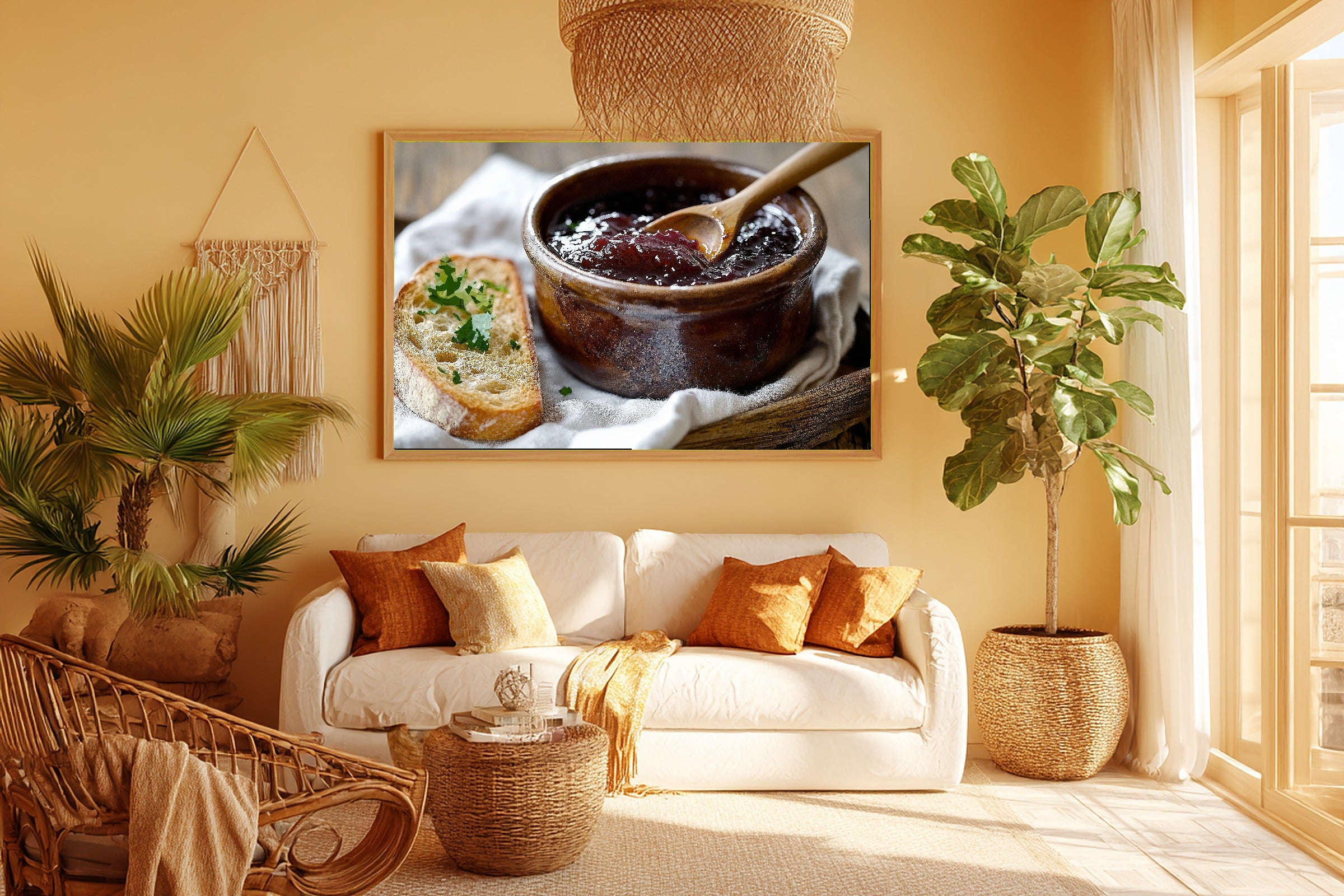 Plum Jam Pot Wooden Spoon Stretched Canvas Print, Dreamy Timeless Artwork Home Decor, Bedroom Centerpiece, Ready to Hang — plum-jam-pot-wooden-spoon-room-5-wall-art.jpg