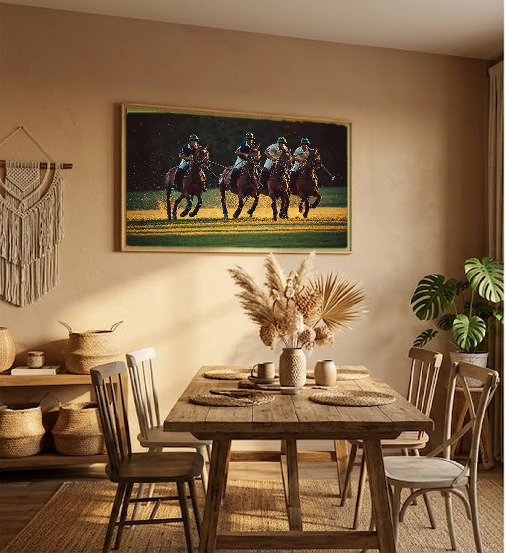 Polo Match Canvas Wall Art | Painterly Sport Print, Equestrian Decor, Stretched Canvas — polo-match-painterly-hallway-wall-art.jpg