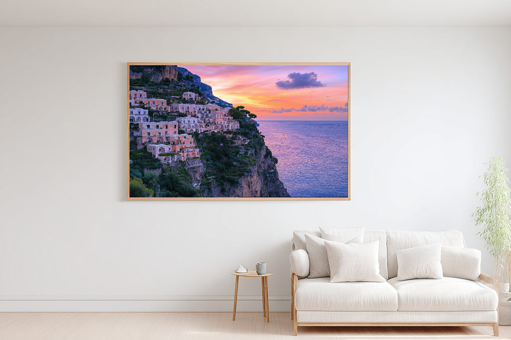 Positano Cliffside Village Print on Stretched Canvas — Stunning Dramatic Wilderness for the Cabin, Gift for the Adventurer in Your Life — positano-cliffside-village-bedroom-wall-art.jpg