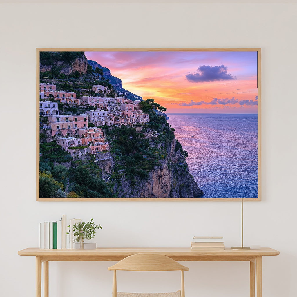 Positano Cliffside Village Print on Stretched Canvas — Stunning Dramatic Wilderness for the Cabin, Gift for the Adventurer in Your Life — positano-cliffside-village-canvas-print.jpg