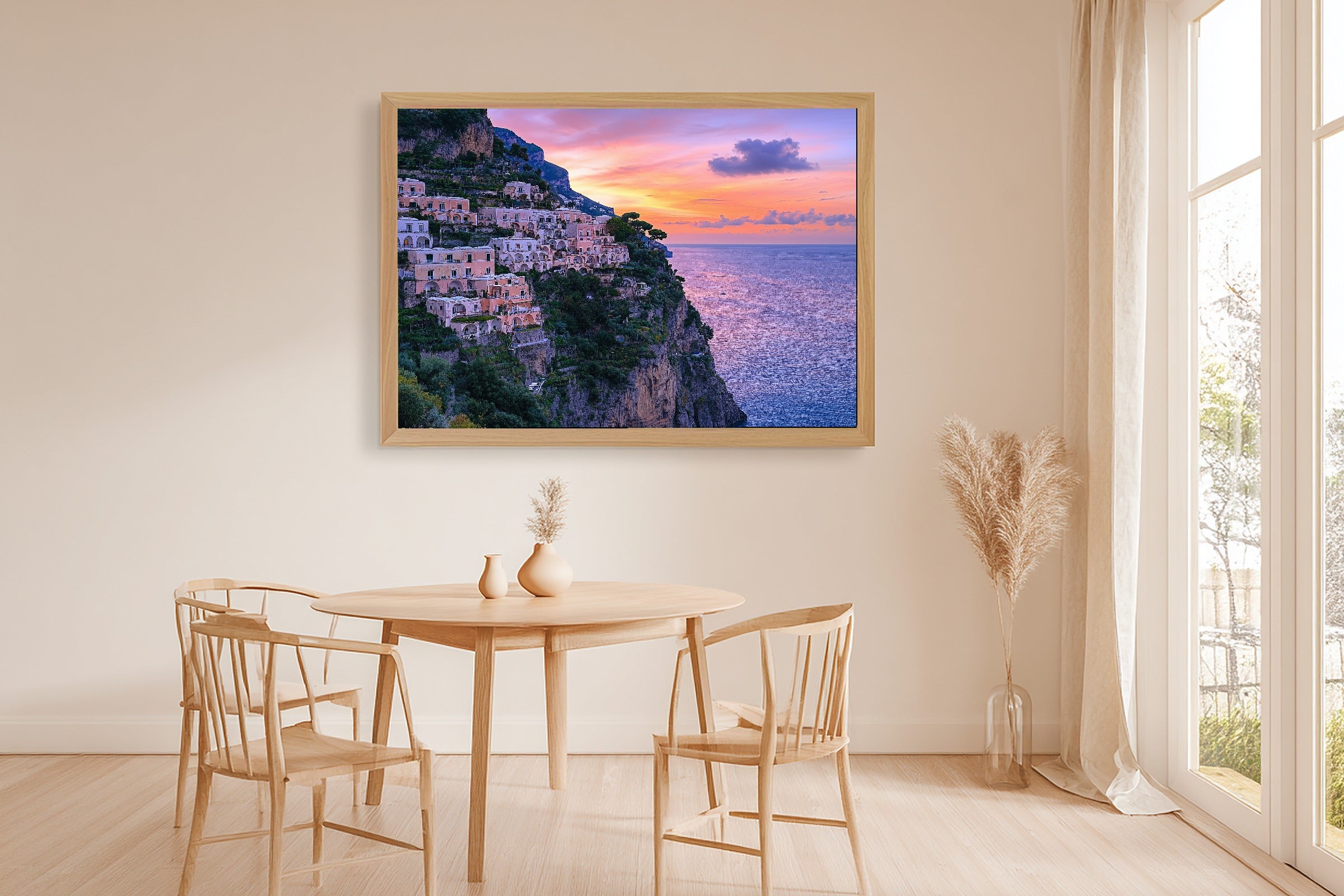 Positano Cliffside Village Print on Stretched Canvas — Stunning Dramatic Wilderness for the Cabin, Gift for the Adventurer in Your Life — positano-cliffside-village-dining-room-wall-art.jpg
