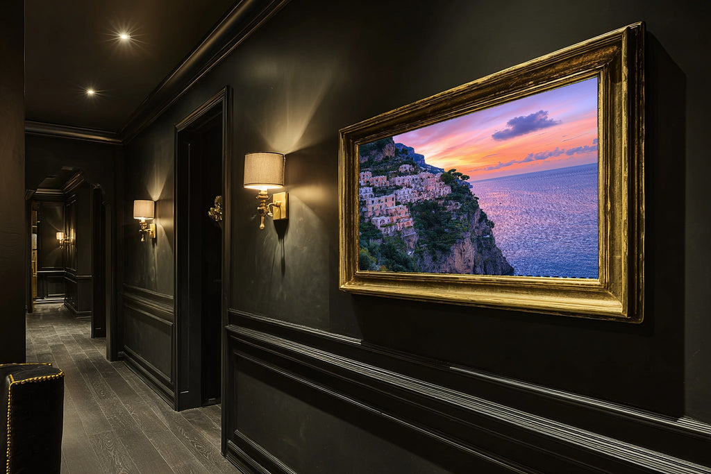 Positano Cliffside Village Print on Stretched Canvas — Stunning Dramatic Wilderness for the Cabin, Gift for the Adventurer in Your Life — positano-cliffside-village-hallway-wall-art.jpg