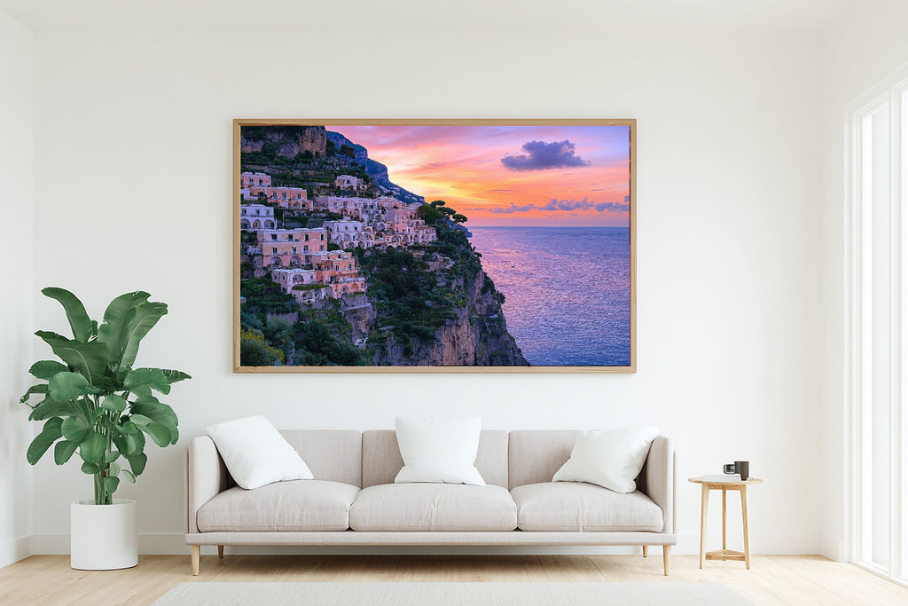 Positano Cliffside Village Print on Stretched Canvas — Stunning Dramatic Wilderness for the Cabin, Gift for the Adventurer in Your Life — positano-cliffside-village-living-room-wall-art.jpg