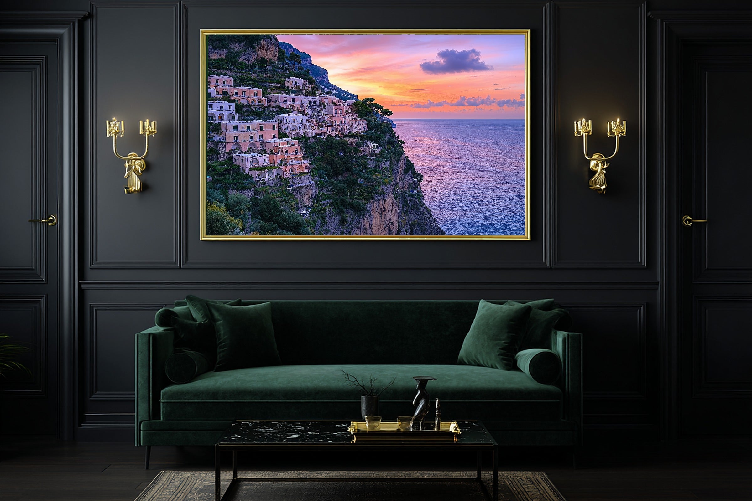 Positano Cliffside Village Print on Stretched Canvas — Stunning Dramatic Wilderness for the Cabin, Gift for the Adventurer in Your Life — positano-cliffside-village-office-wall-art.jpg