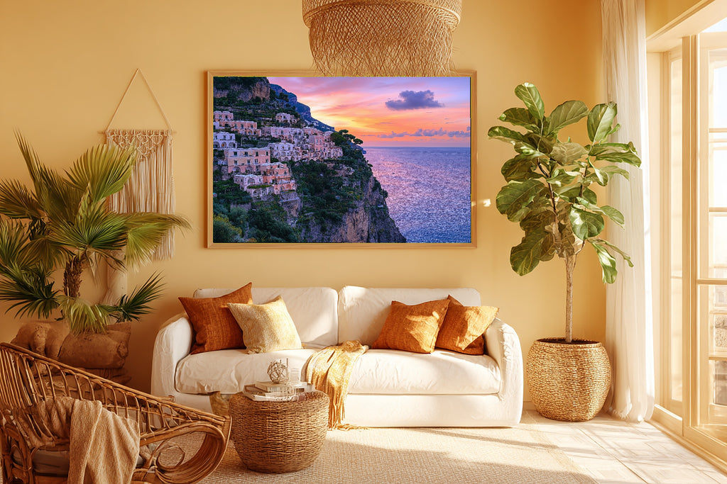 Positano Cliffside Village Print on Stretched Canvas — Stunning Dramatic Wilderness for the Cabin, Gift for the Adventurer in Your Life — positano-cliffside-village-room-5-wall-art.jpg