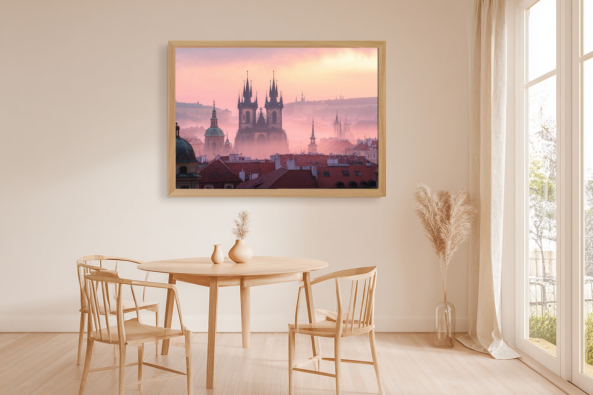 Soulful Prague Skyline Fog — Golden-Hour Skyline Wall Art, Warm Modern Loft Decor, Stretched Canvas, Ready to Hang — prague-skyline-fog-dining-room-wall-art.jpg