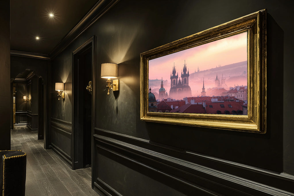 Soulful Prague Skyline Fog — Golden-Hour Skyline Wall Art, Warm Modern Loft Decor, Stretched Canvas, Ready to Hang — prague-skyline-fog-hallway-wall-art.jpg