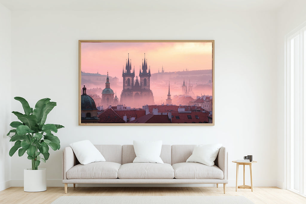 Soulful Prague Skyline Fog — Golden-Hour Skyline Wall Art, Warm Modern Loft Decor, Stretched Canvas, Ready to Hang — prague-skyline-fog-living-room-wall-art.jpg