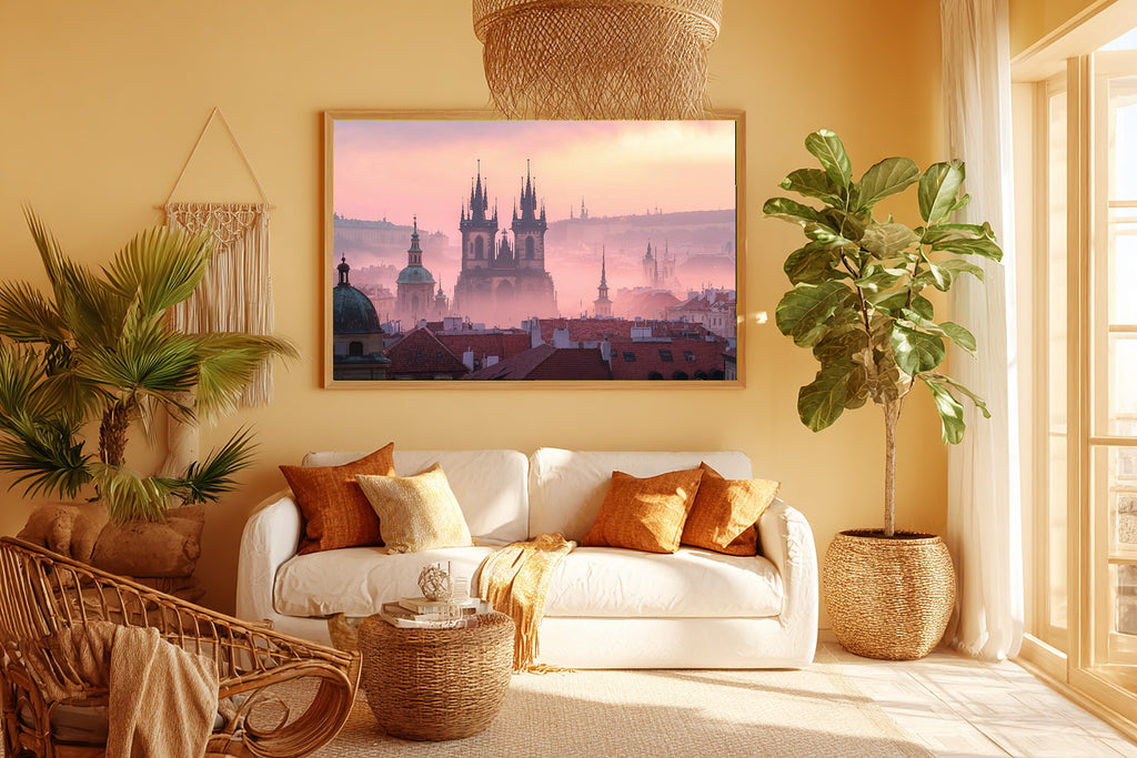 Soulful Prague Skyline Fog — Golden-Hour Skyline Wall Art, Warm Modern Loft Decor, Stretched Canvas, Ready to Hang — prague-skyline-fog-room-5-wall-art.jpg