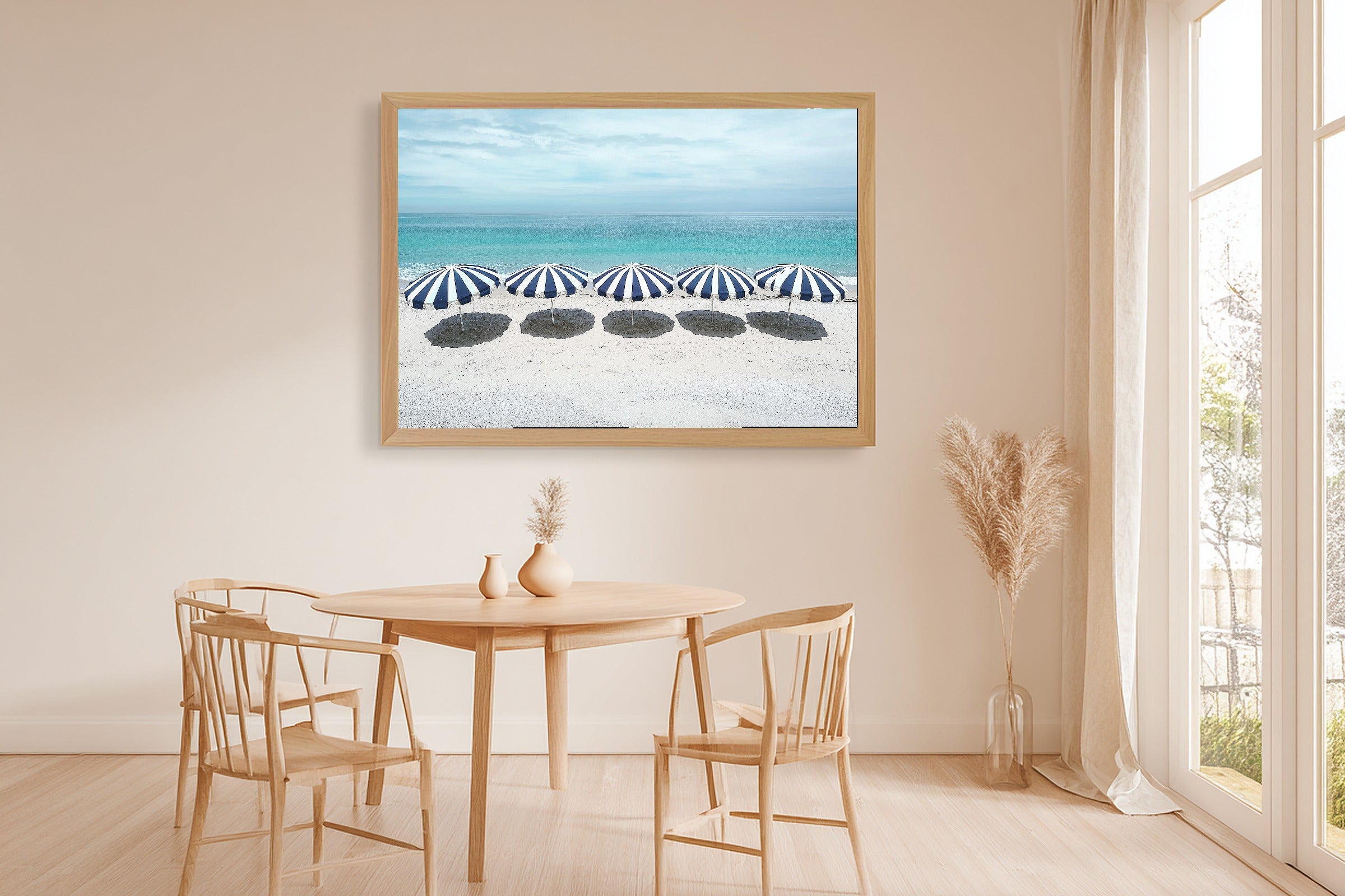 Dreamy Preppy Beach Umbrella Stripes — Sunlit Palm Wall Art, Warm Sunroom Decor, Stretched Canvas, Ready to Hang — preppy-beach-umbrella-stripes-dining-room-wall-art.jpg