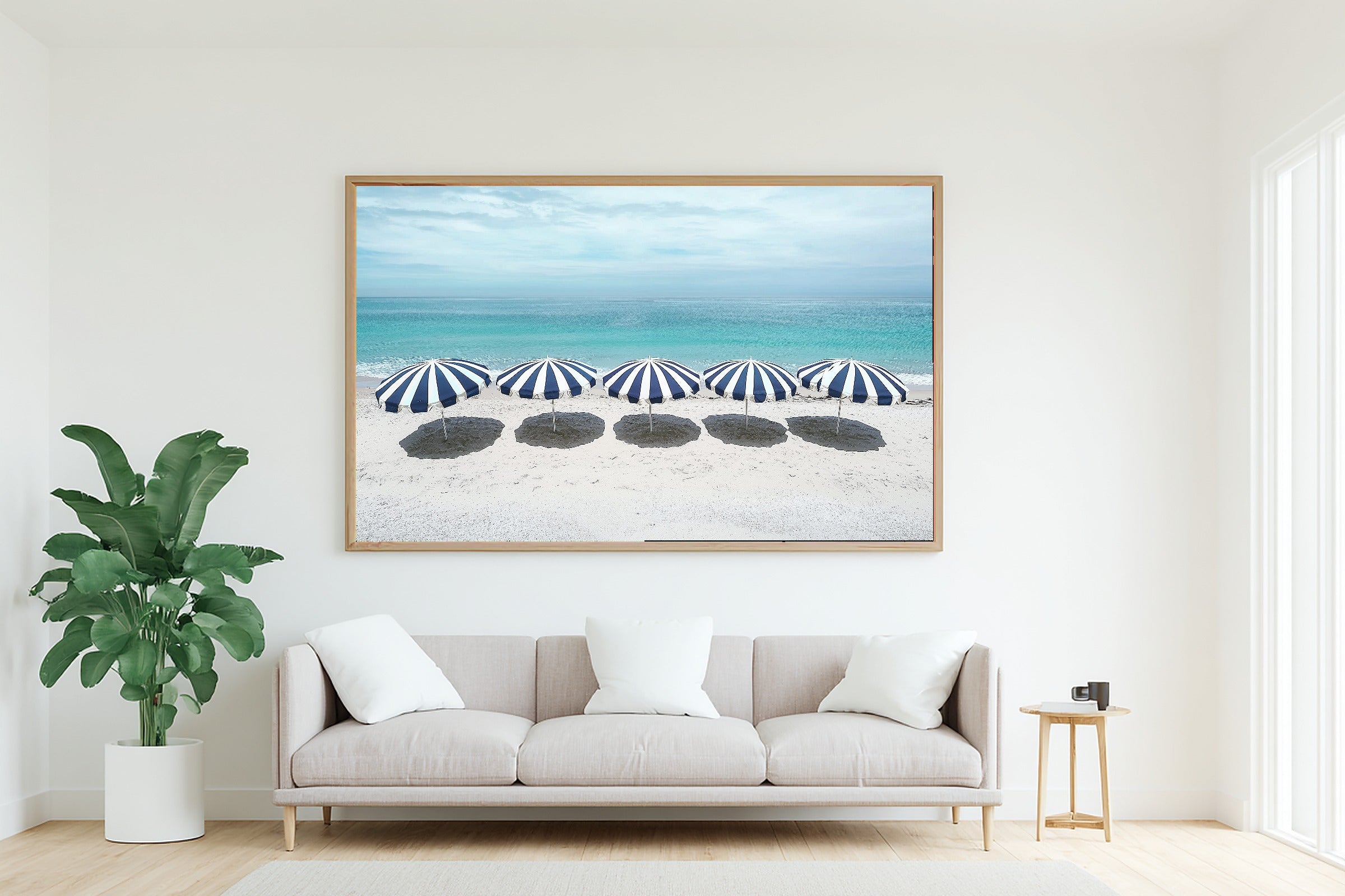 Dreamy Preppy Beach Umbrella Stripes — Sunlit Palm Wall Art, Warm Sunroom Decor, Stretched Canvas, Ready to Hang — preppy-beach-umbrella-stripes-living-room-wall-art.jpg