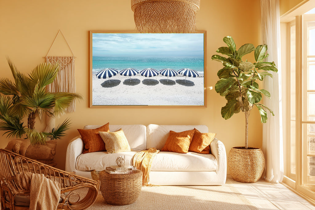 Dreamy Preppy Beach Umbrella Stripes — Sunlit Palm Wall Art, Warm Sunroom Decor, Stretched Canvas, Ready to Hang — preppy-beach-umbrella-stripes-room-5-wall-art.jpg