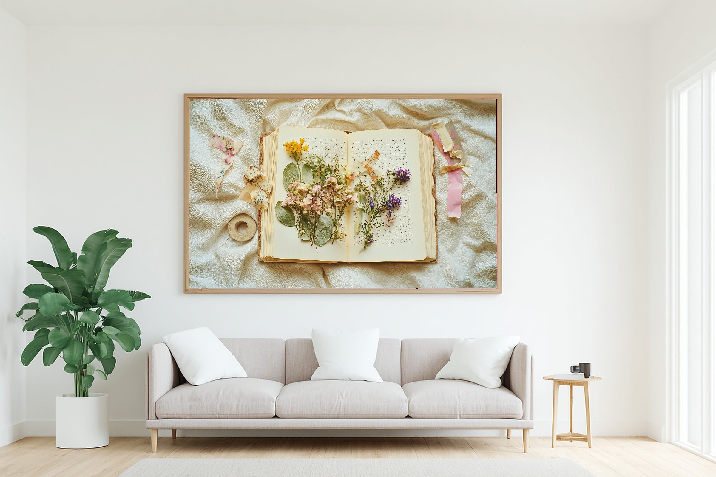 Pressed Flower Journal Spread Canvas Wall Art for the Bedroom, Vintage Botanical Watercolor, Fresh Botanical Feel, Mother's Day Gift Idea — pressed-flower-journal-spread-living-room-wall-art.jpg