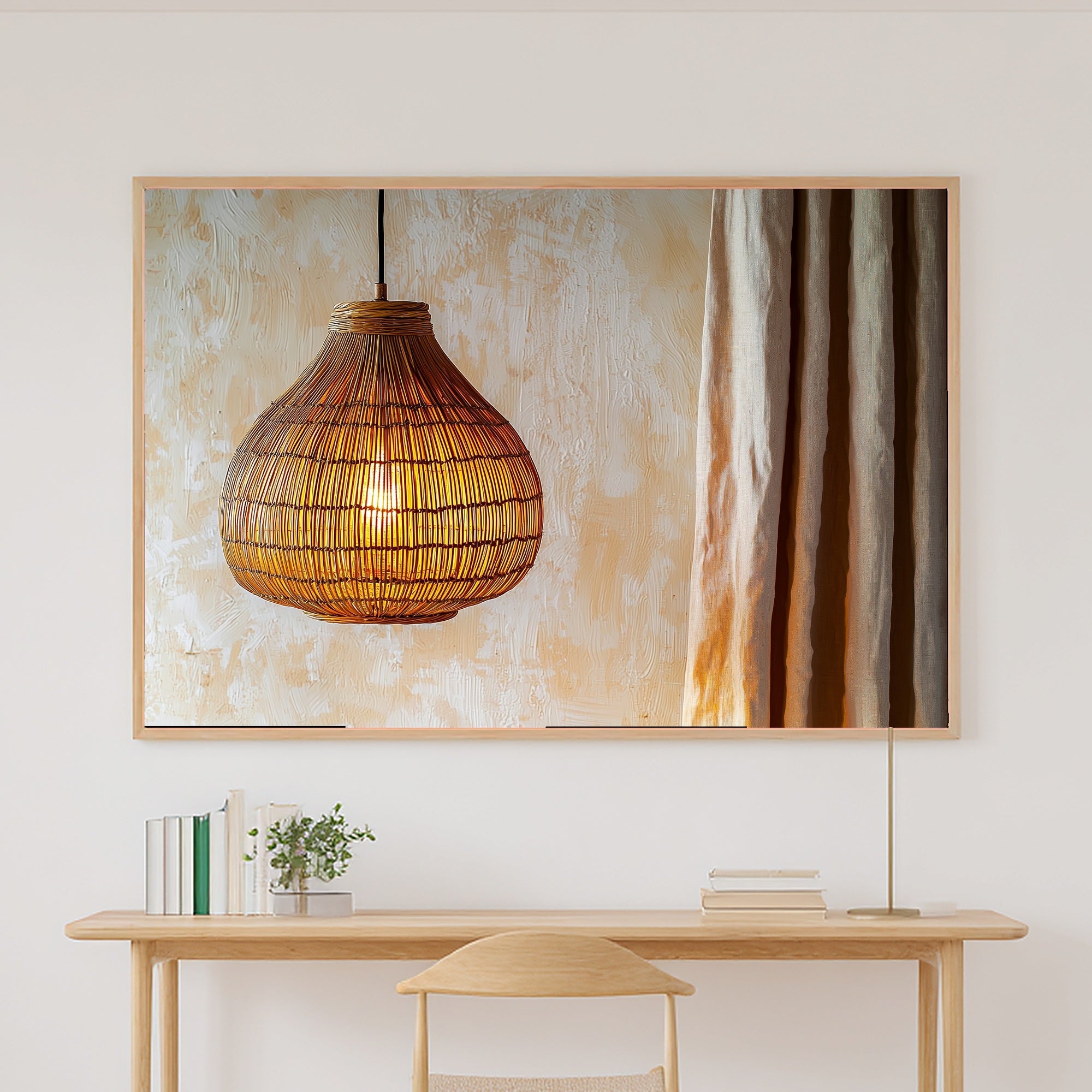 Rattan Pendant Cream Wall Museum-Quality Canvas, Cozy Neutral Palette Home Decor Print, Bedroom Wall Art, Gift Under 100 — rattan-pendant-cream-wall-canvas-print.jpg