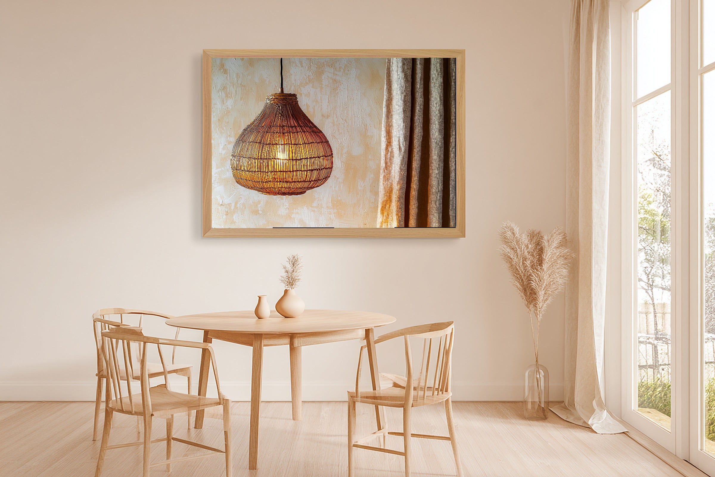 Rattan Pendant Cream Wall Museum-Quality Canvas, Cozy Neutral Palette Home Decor Print, Bedroom Wall Art, Gift Under 100 — rattan-pendant-cream-wall-dining-room-wall-art.jpg