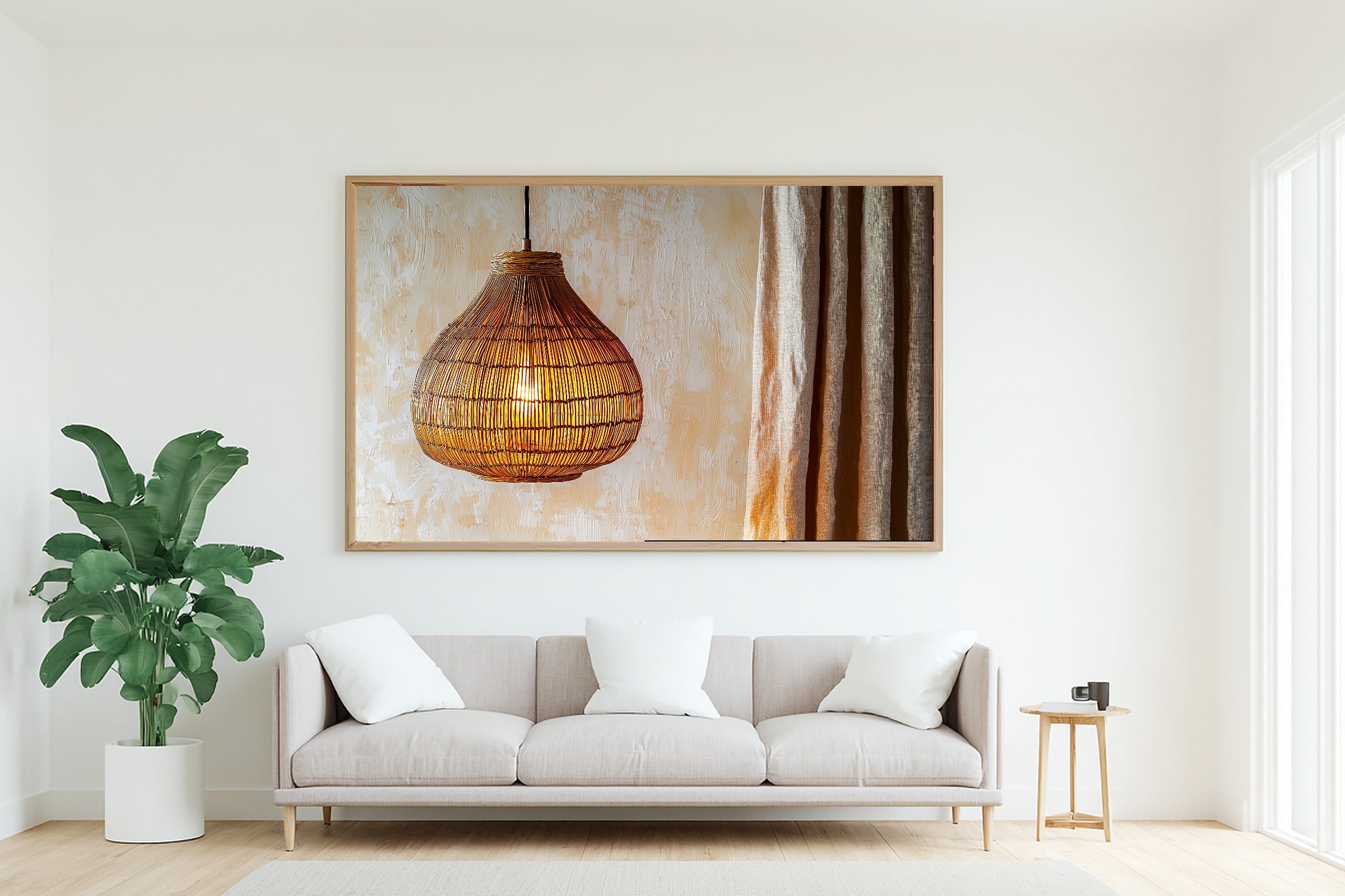 Rattan Pendant Cream Wall Museum-Quality Canvas, Cozy Neutral Palette Home Decor Print, Bedroom Wall Art, Gift Under 100 — rattan-pendant-cream-wall-living-room-wall-art.jpg