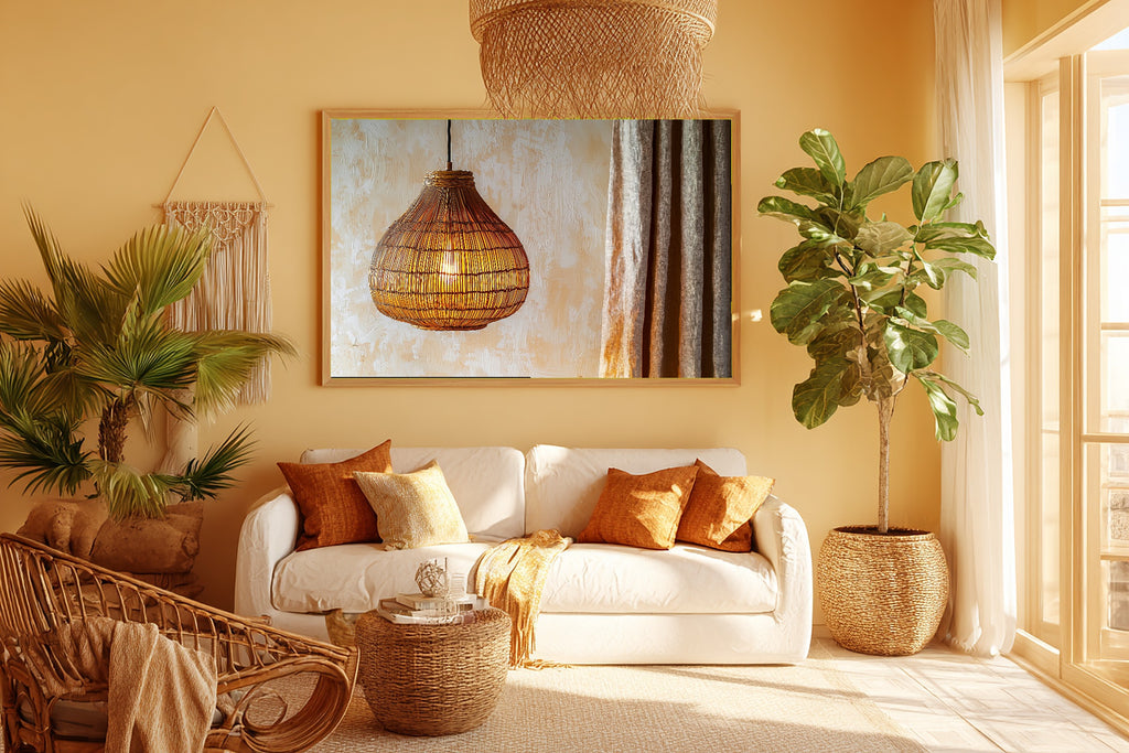 Rattan Pendant Cream Wall Museum-Quality Canvas, Cozy Neutral Palette Home Decor Print, Bedroom Wall Art, Gift Under 100 — rattan-pendant-cream-wall-room-5-wall-art.jpg