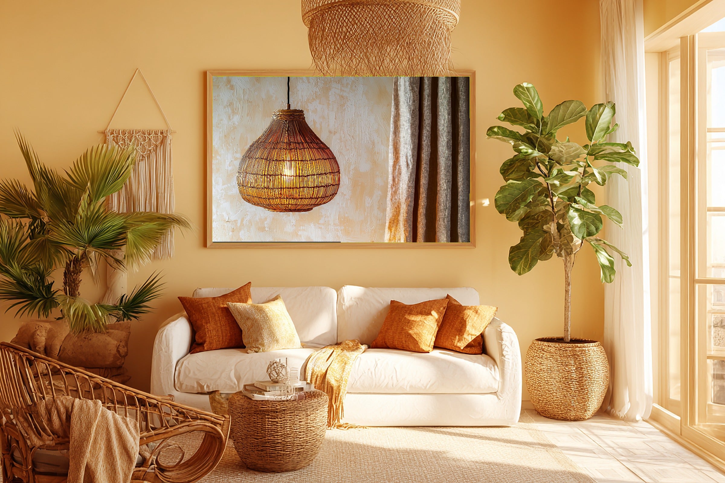 Rattan Pendant Cream Wall Museum-Quality Canvas, Cozy Neutral Palette Home Decor Print, Bedroom Wall Art, Gift Under 100 — rattan-pendant-cream-wall-room-5-wall-art.jpg