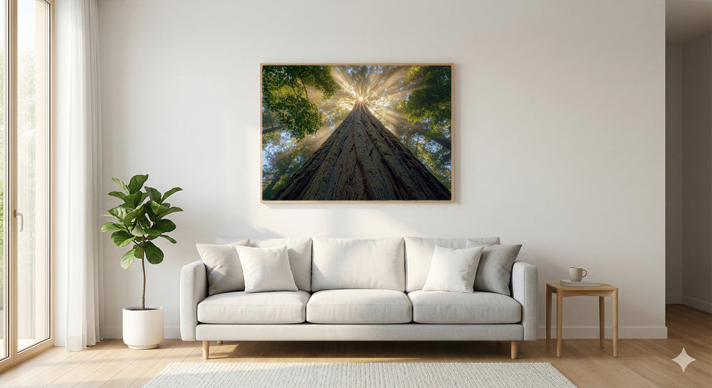 Redwood Cathedral Canvas Wall Art | Looking Up Print, Pacific Northwest Forest Decor, Stretched Canvas — redwood-cathedral-up-living-room-wall-art.jpg