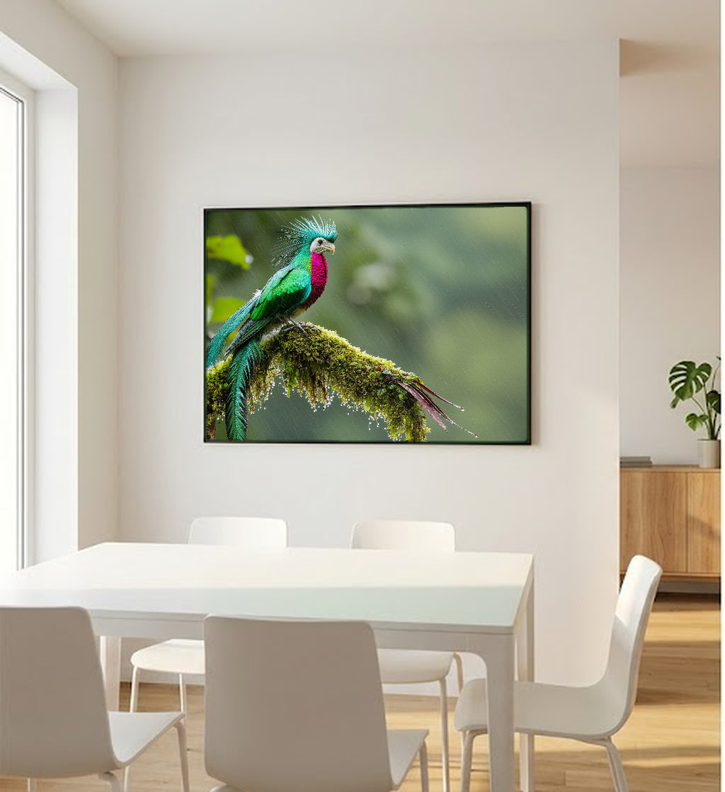 Quetzal Canvas Wall Art | Resplendent Bird Mossy Branch Print, Tropical Decor, Stretched Canvas — resplendent-quetzal-mossy-bedroom-wall-art.jpg