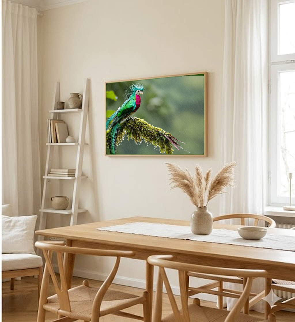 Quetzal Canvas Wall Art | Resplendent Bird Mossy Branch Print, Tropical Decor, Stretched Canvas — resplendent-quetzal-mossy-dining-room-wall-art.jpg