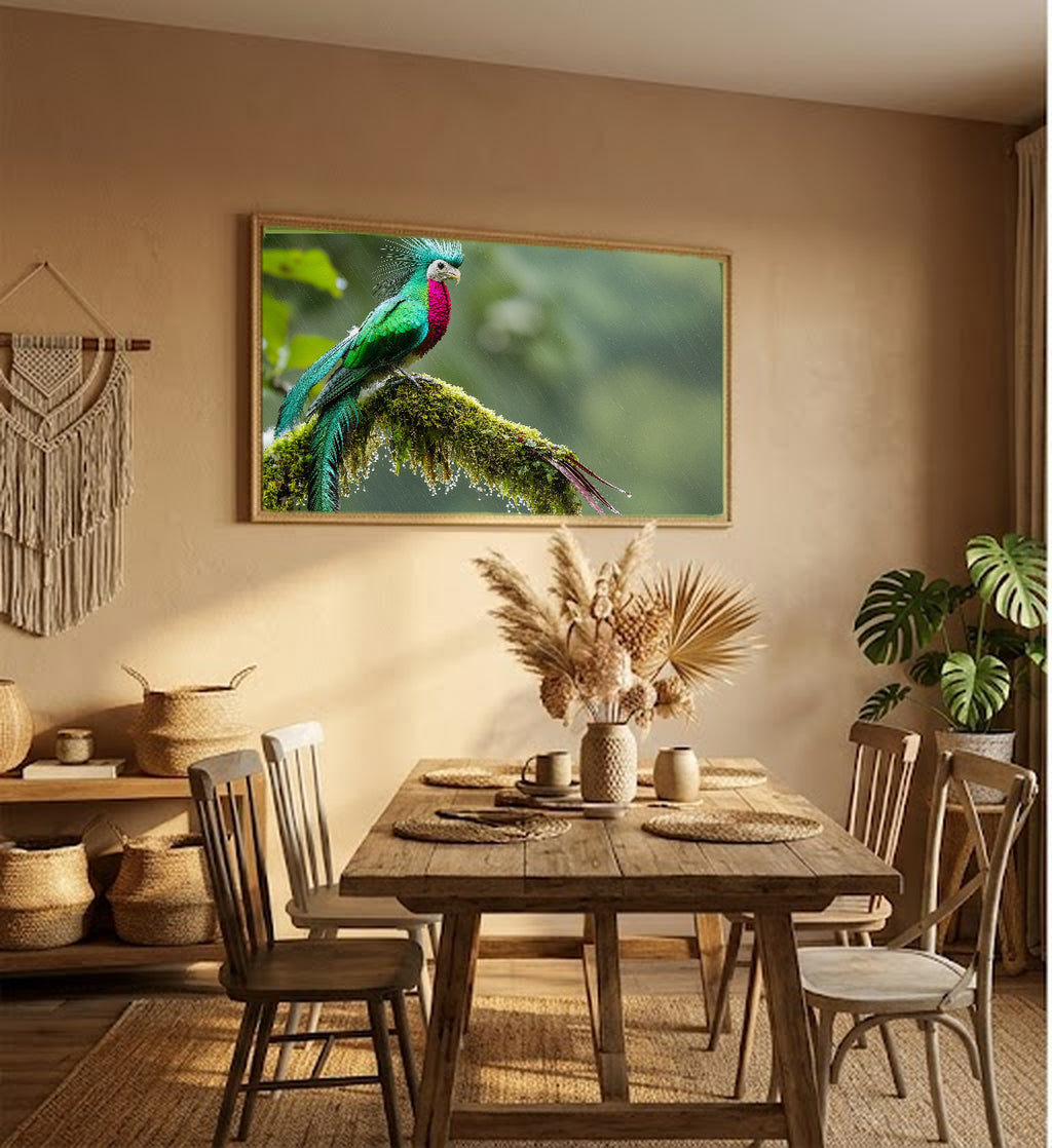 Quetzal Canvas Wall Art | Resplendent Bird Mossy Branch Print, Tropical Decor, Stretched Canvas — resplendent-quetzal-mossy-hallway-wall-art.jpg