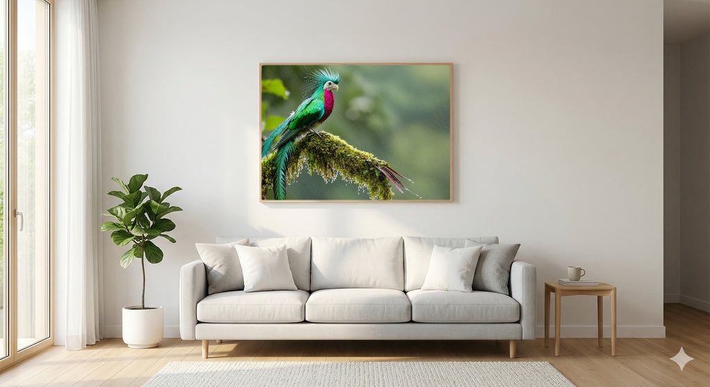 Quetzal Canvas Wall Art | Resplendent Bird Mossy Branch Print, Tropical Decor, Stretched Canvas — resplendent-quetzal-mossy-living-room-wall-art.jpg