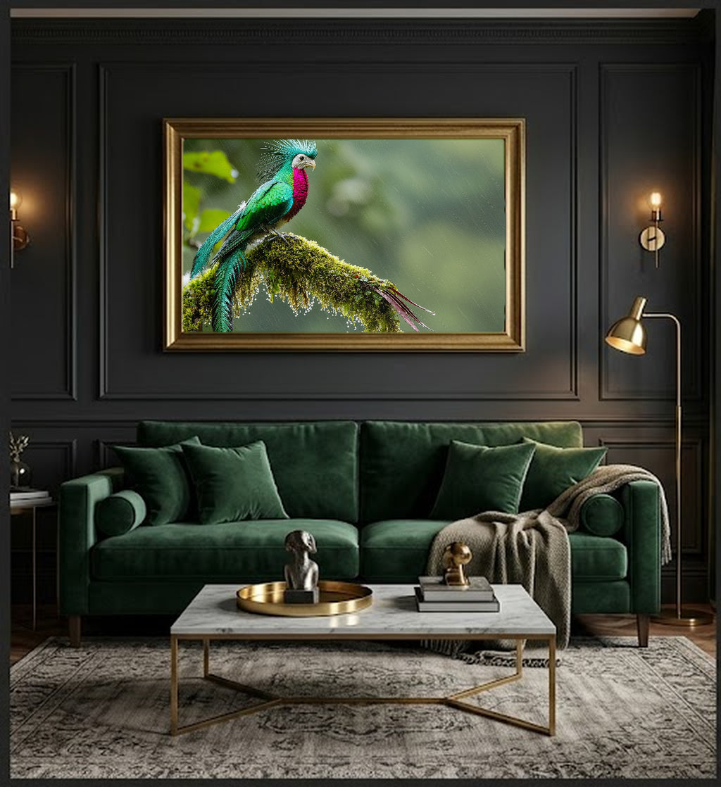 Quetzal Canvas Wall Art | Resplendent Bird Mossy Branch Print, Tropical Decor, Stretched Canvas — resplendent-quetzal-mossy-office-wall-art.jpg