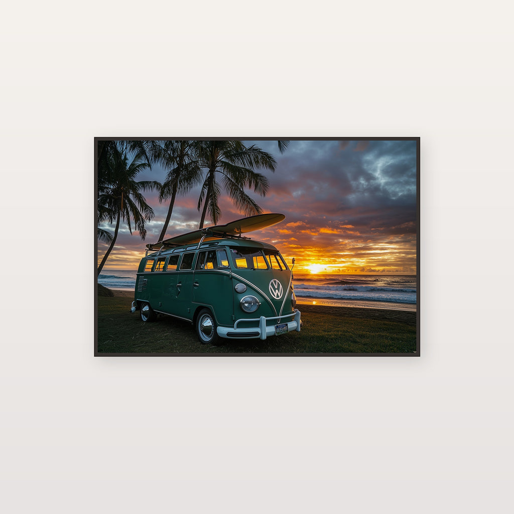 Retro Surfer Van Canvas Wall Art | Beach Sunset Print, 70s Coastal Decor, Stretched Canvas — retro-surfer-van-beach-canvas-print.jpg