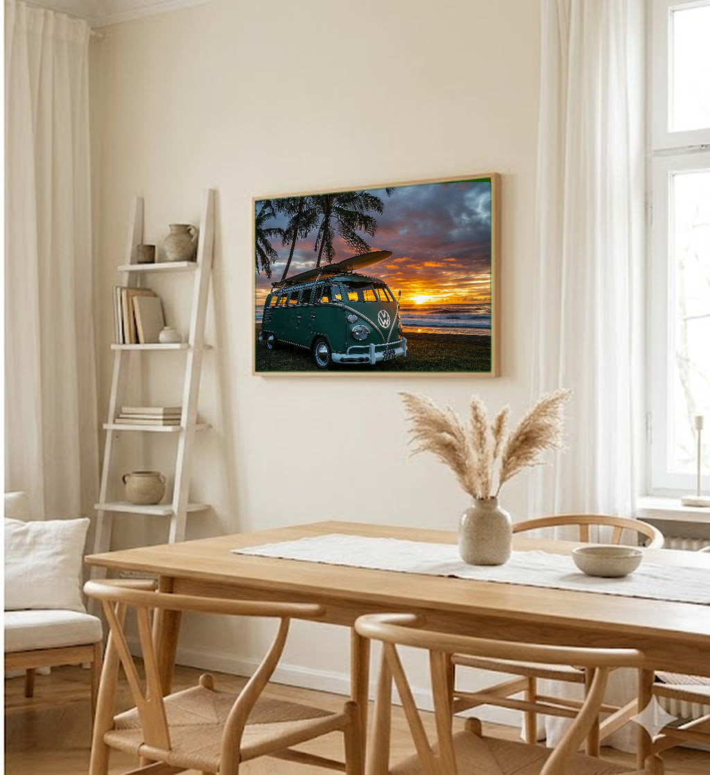 Retro Surfer Van Canvas Wall Art | Beach Sunset Print, 70s Coastal Decor, Stretched Canvas — retro-surfer-van-beach-dining-room-wall-art.jpg