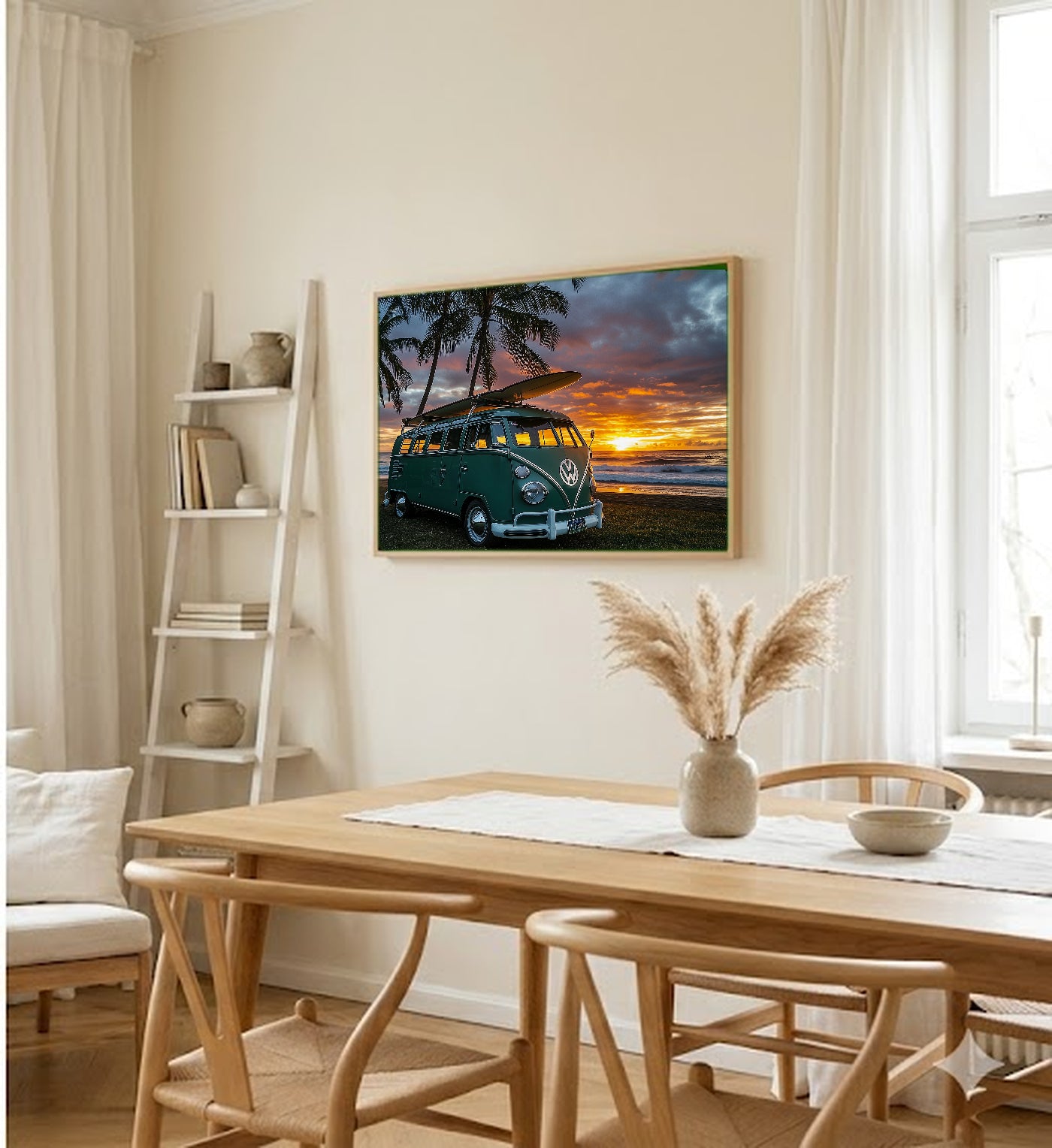 Retro Surfer Van Canvas Wall Art | Beach Sunset Print, 70s Coastal Decor, Stretched Canvas — retro-surfer-van-beach-dining-room-wall-art.jpg
