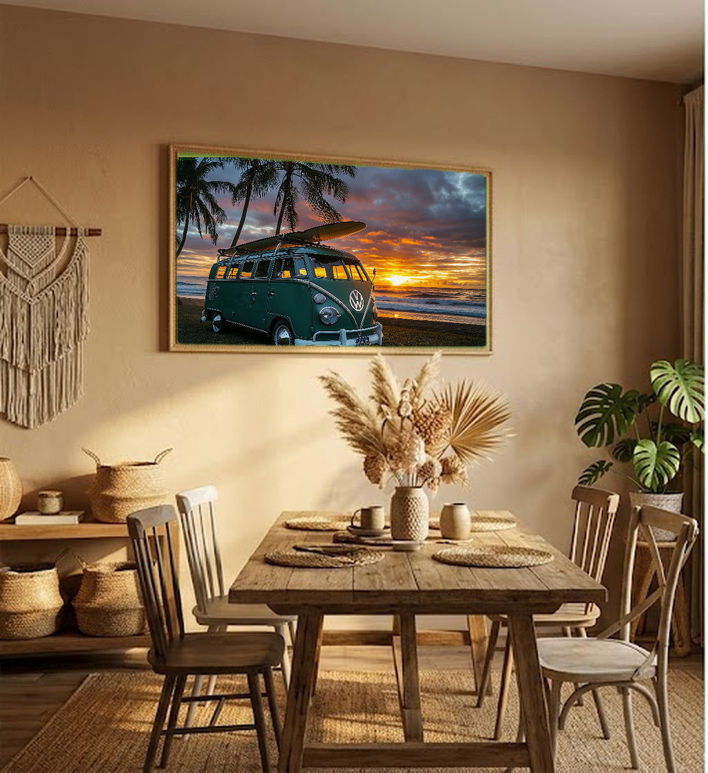 Retro Surfer Van Canvas Wall Art | Beach Sunset Print, 70s Coastal Decor, Stretched Canvas — retro-surfer-van-beach-hallway-wall-art.jpg