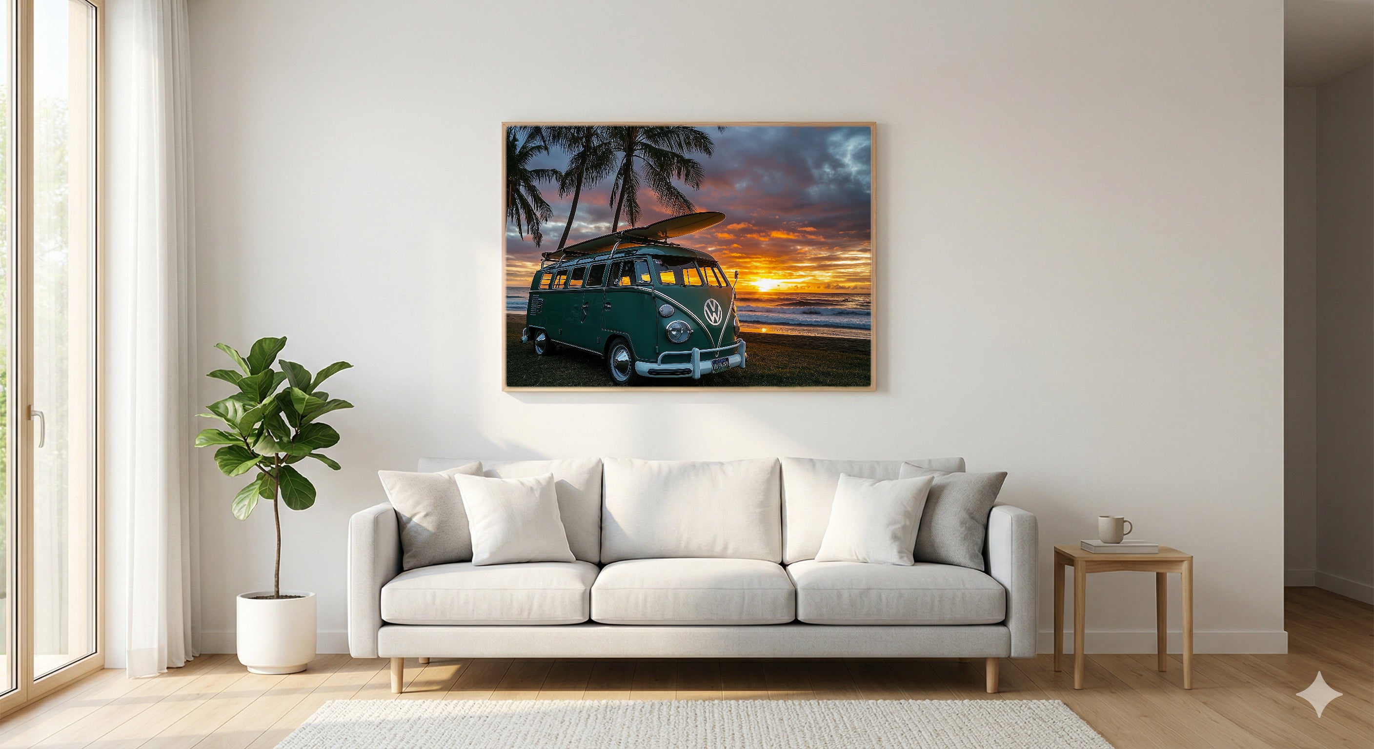 Retro Surfer Van Canvas Wall Art | Beach Sunset Print, 70s Coastal Decor, Stretched Canvas — retro-surfer-van-beach-living-room-wall-art.jpg
