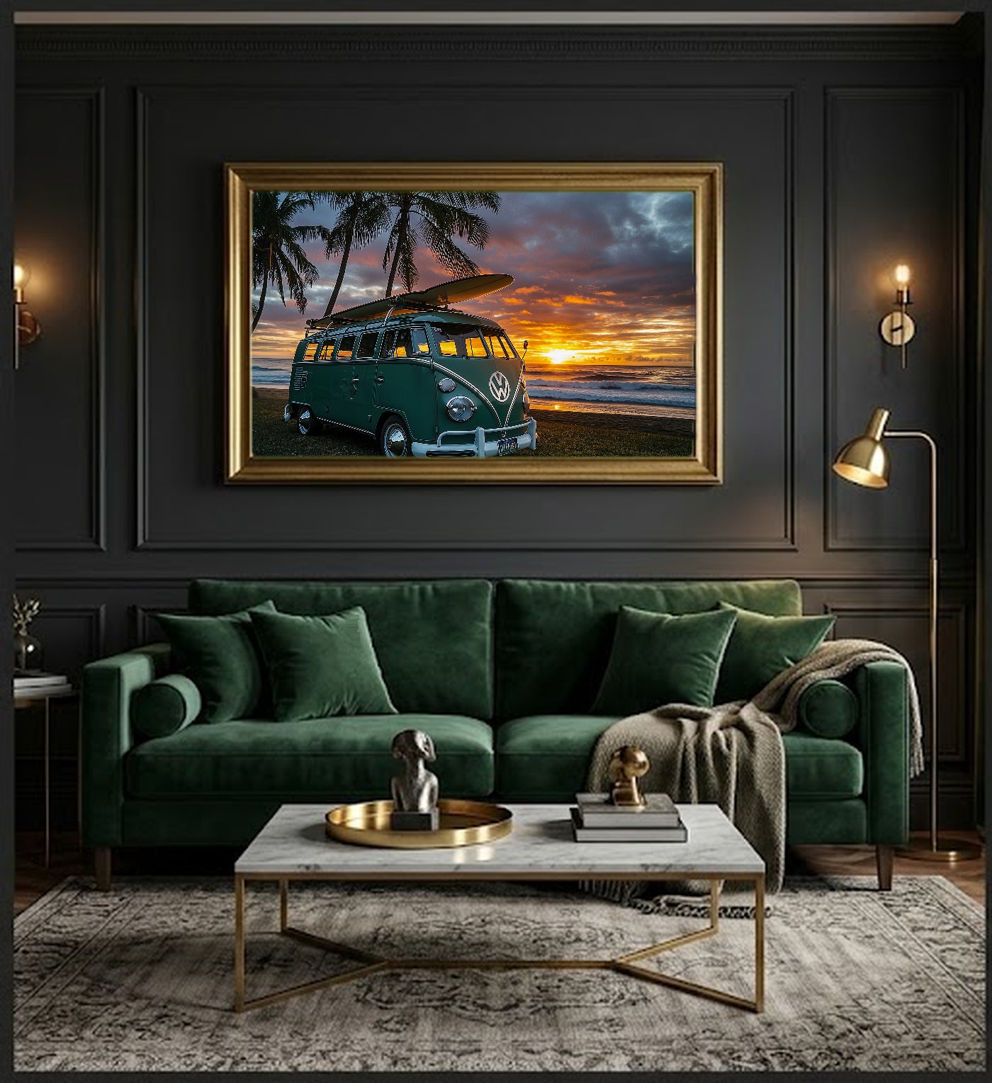 Retro Surfer Van Canvas Wall Art | Beach Sunset Print, 70s Coastal Decor, Stretched Canvas — retro-surfer-van-beach-office-wall-art.jpg