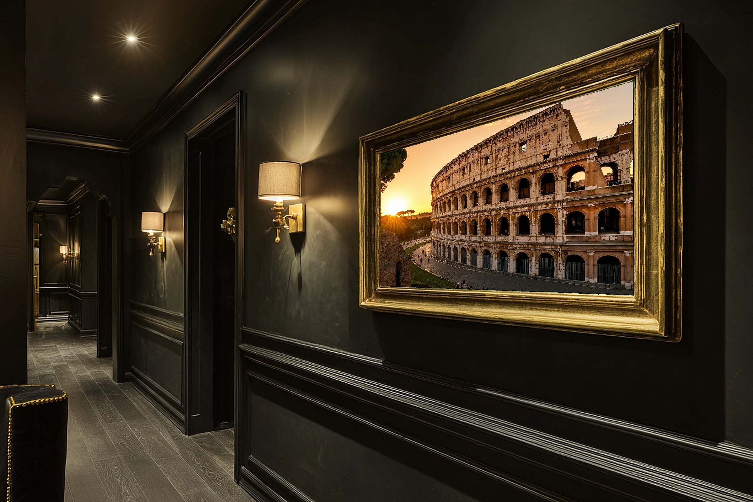 Golden-Hour Skyline Rome Colosseum Golden Art Print — Warm Decor for the Modern Loft, Stretched Canvas the City Wanderer Will Love — rome-colosseum-golden-hallway-wall-art.jpg