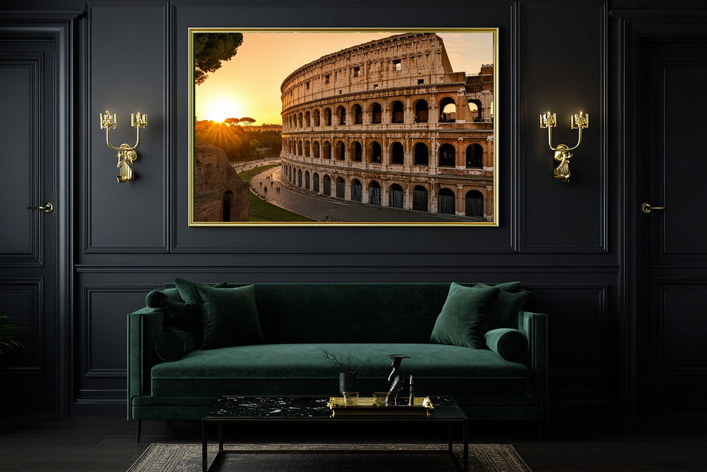 Golden-Hour Skyline Rome Colosseum Golden Art Print — Warm Decor for the Modern Loft, Stretched Canvas the City Wanderer Will Love — rome-colosseum-golden-office-wall-art.jpg
