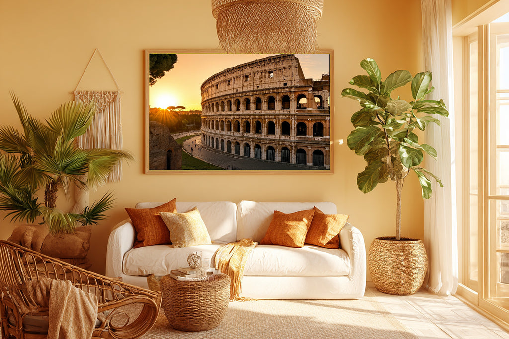 Golden-Hour Skyline Rome Colosseum Golden Art Print — Warm Decor for the Modern Loft, Stretched Canvas the City Wanderer Will Love — rome-colosseum-golden-room-5-wall-art.jpg