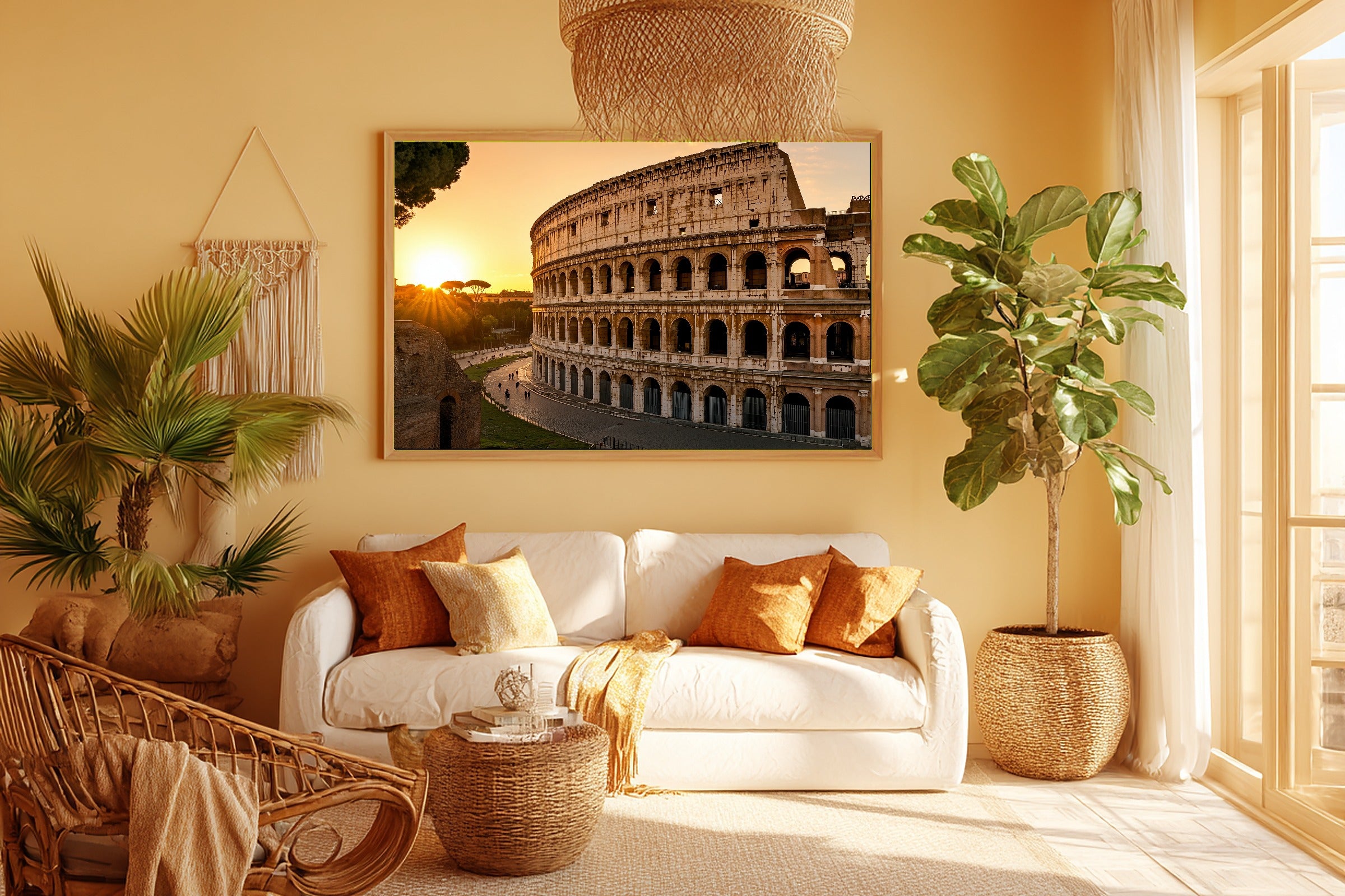 Golden-Hour Skyline Rome Colosseum Golden Art Print — Warm Decor for the Modern Loft, Stretched Canvas the City Wanderer Will Love — rome-colosseum-golden-room-5-wall-art.jpg