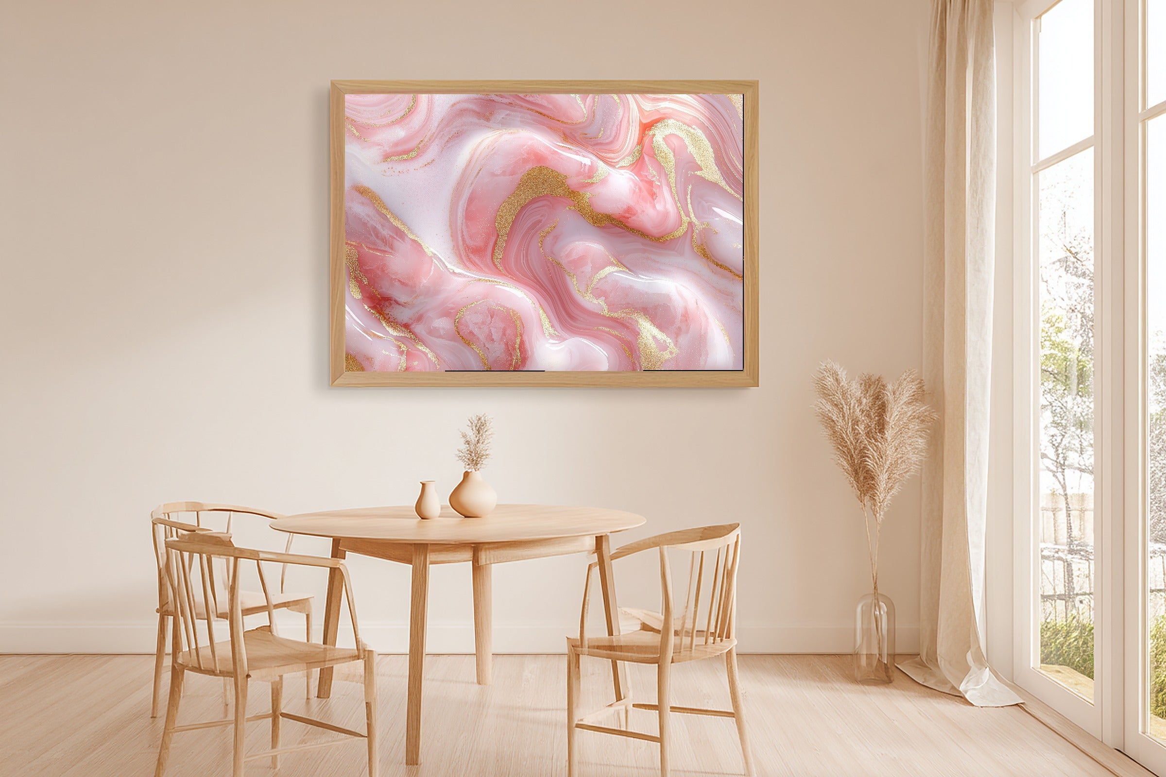 Gilded Painterly Rose Quartz Gold Veins Canvas Wall Art — Luxe Print for the Home Office, A Gift the Modern-Home Friend Will Adore — rose-quartz-gold-veins-dining-room-wall-art.jpg