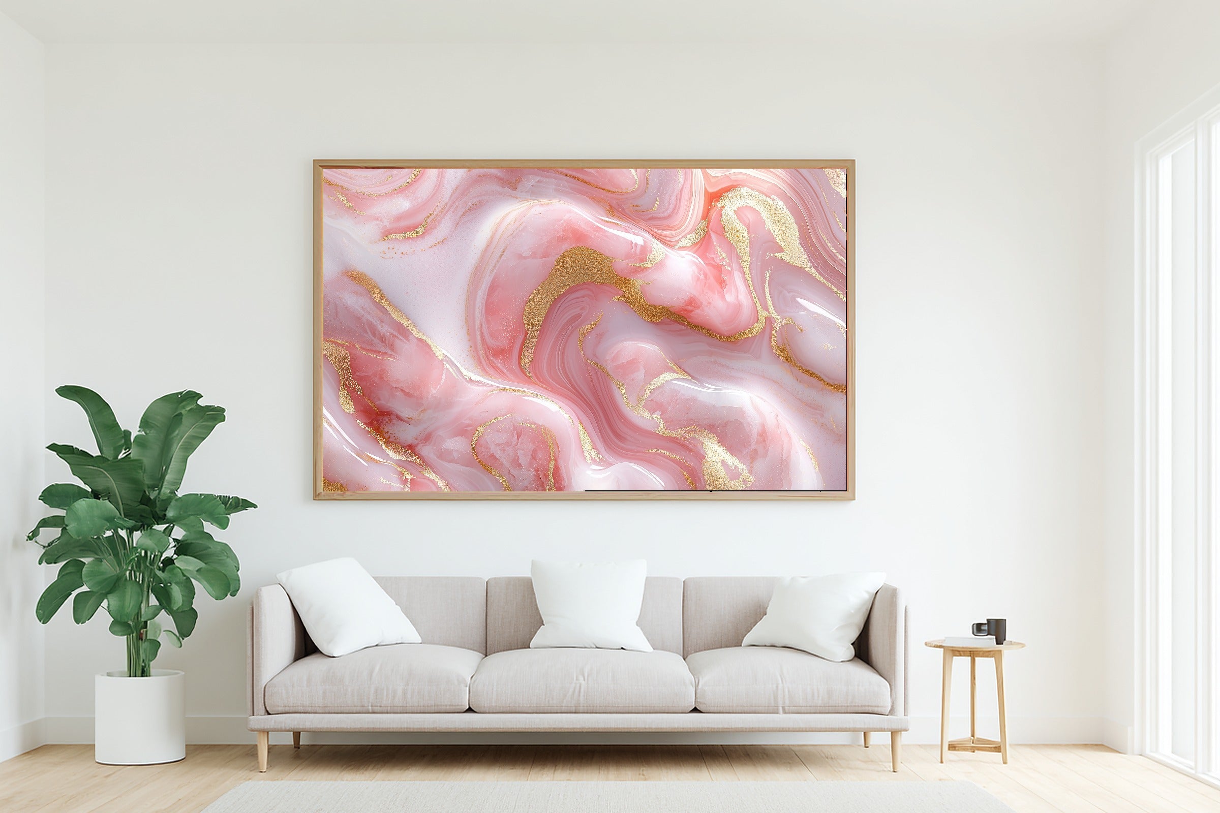 Gilded Painterly Rose Quartz Gold Veins Canvas Wall Art — Luxe Print for the Home Office, A Gift the Modern-Home Friend Will Adore — rose-quartz-gold-veins-living-room-wall-art.jpg